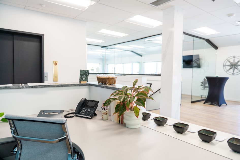 A modern office space with stylish decor