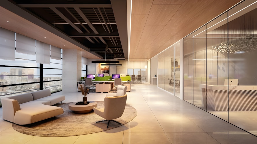 Modern office lounge area with contemporary furniture