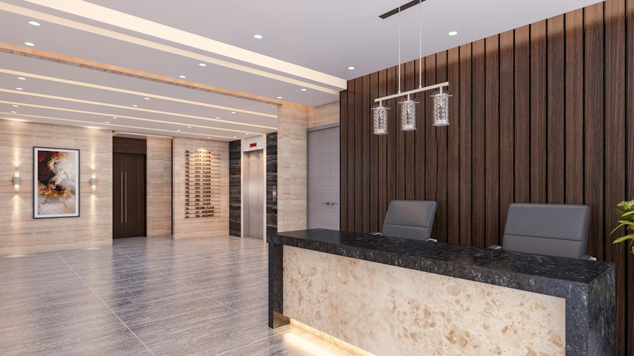 Modern reception desk with marble and wood accents